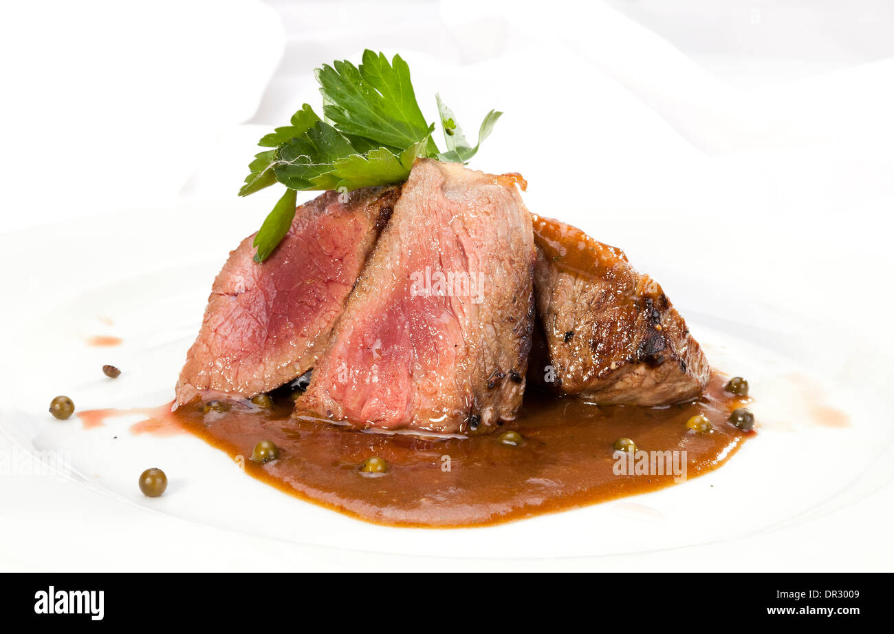 Grilled Sirloin with pepper sauce Stock Photo