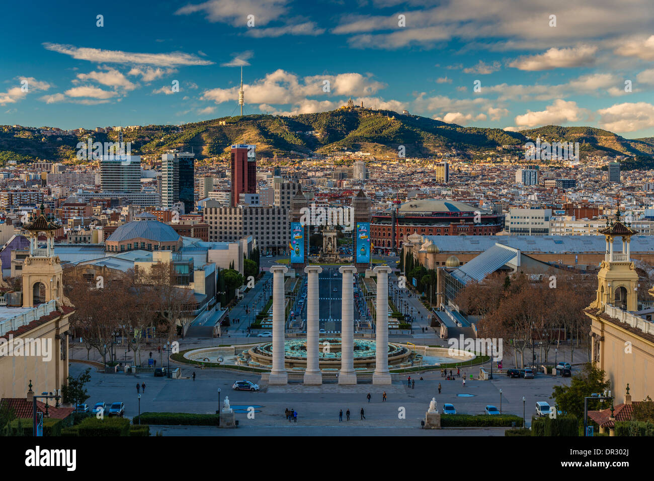 Panoramic view over Barcelona from Palau Nacional at Montjuïc, Barcelona, Catalonia, Spain Stock Photo