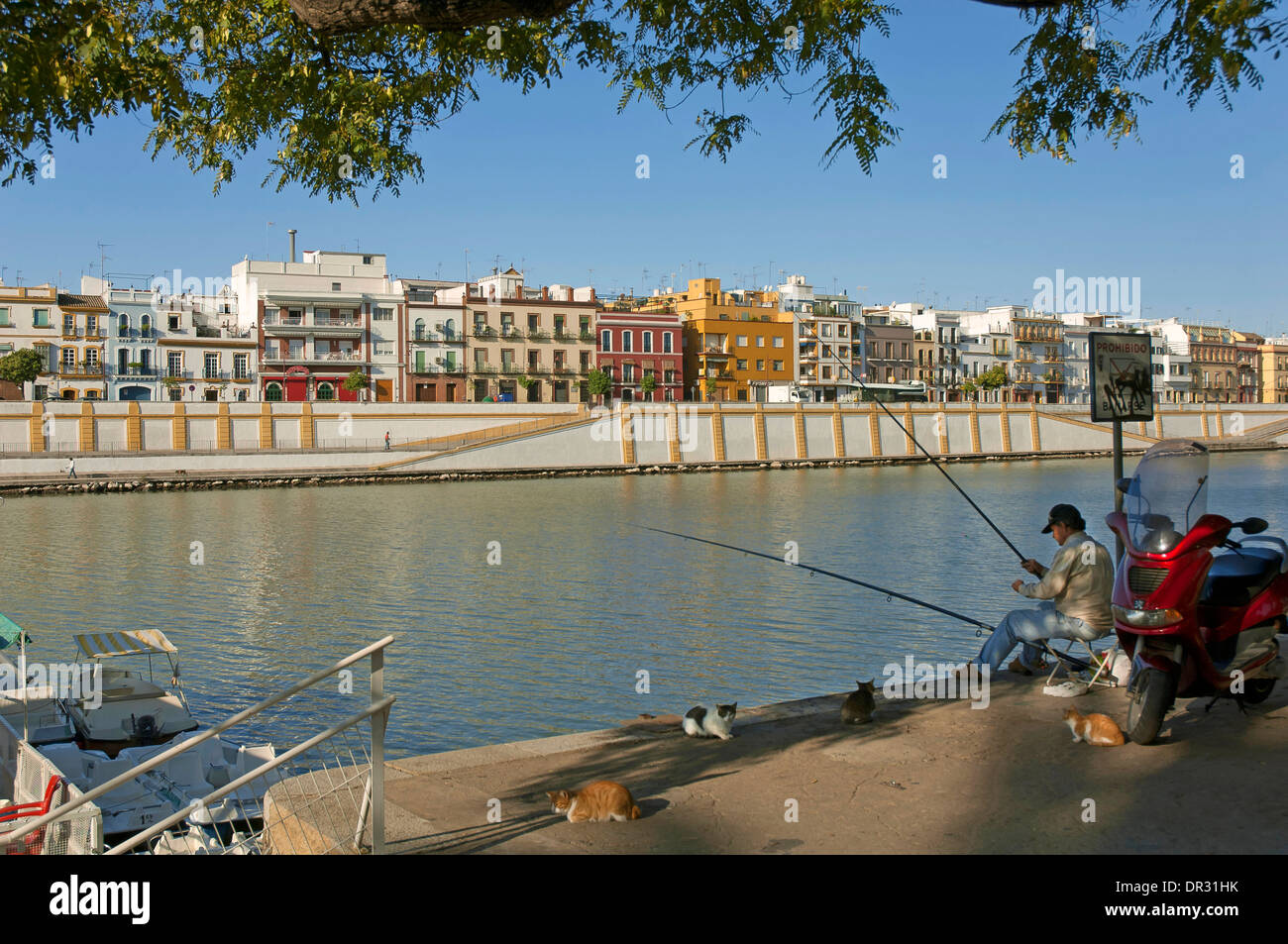 Guadalquivir river Triana district and fisherman, Seville, Region of Andalusia, Spain, Europe Stock Photo