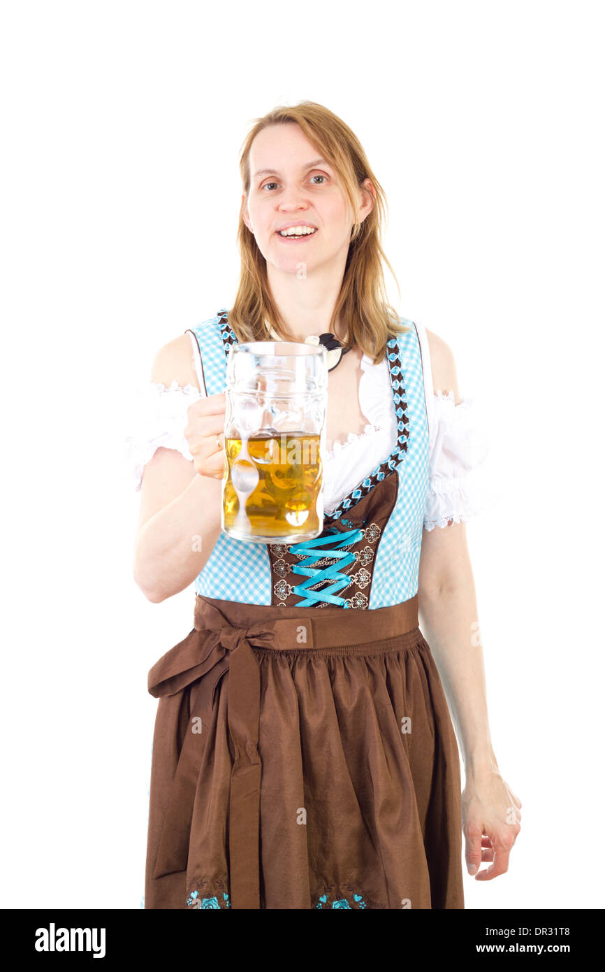 Beautiful woman wearing dirndl and holding beer glassware Stock Photo