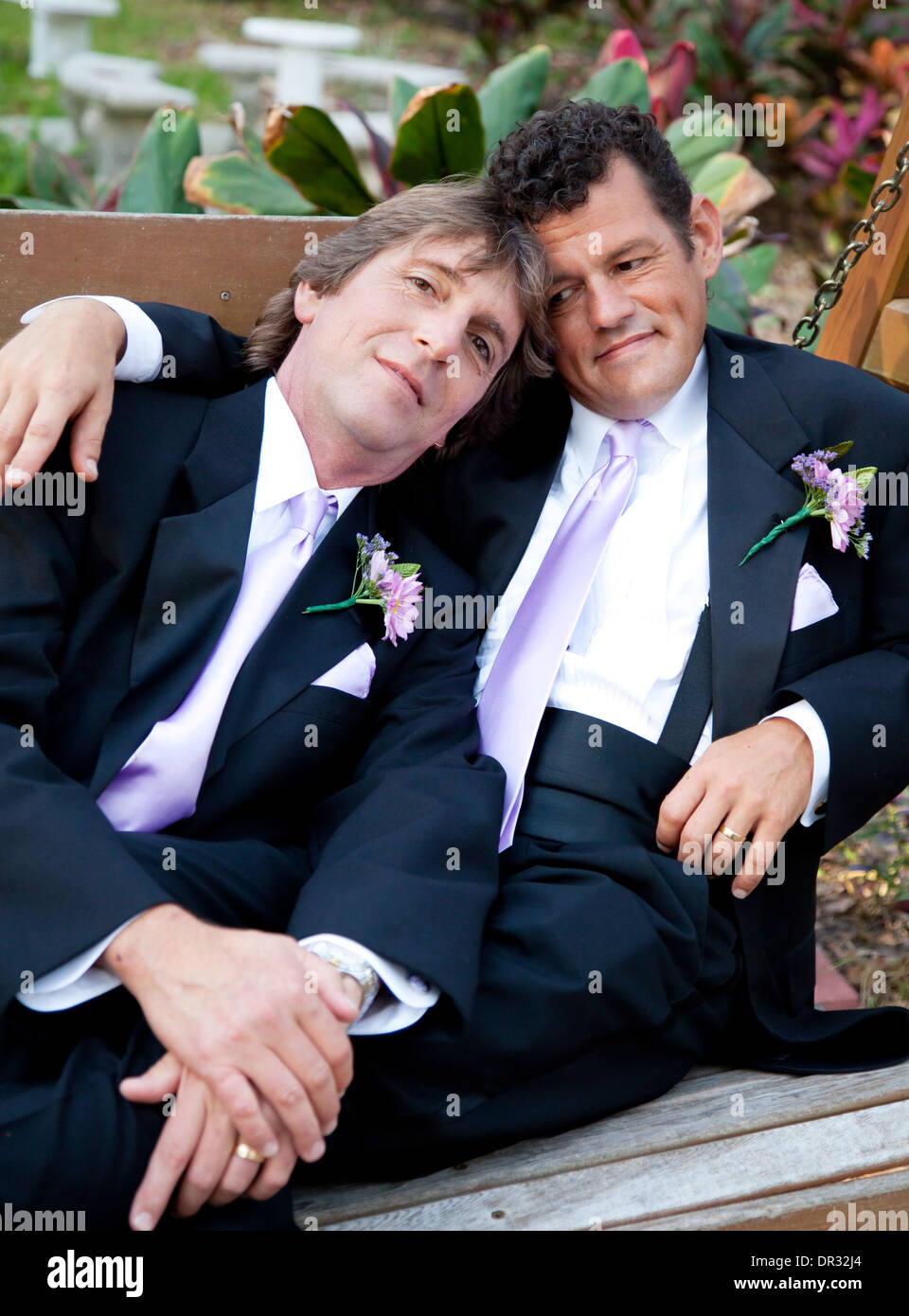 Portrait of a loving gay male couple on their wedding day.  Stock Photo