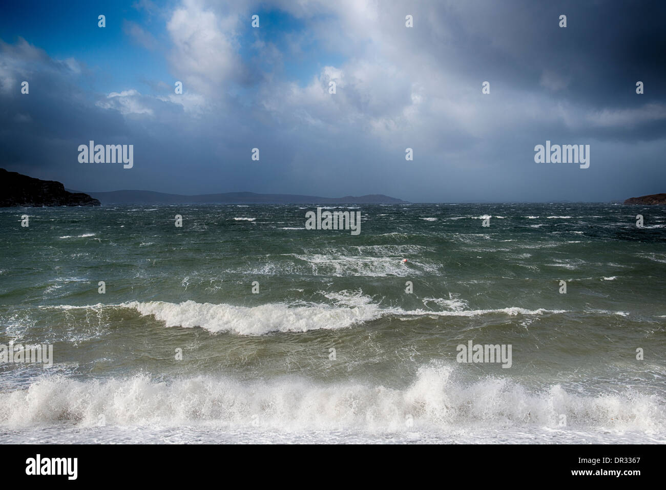 Waves and White Horses come surging in at Ardmair, Scottish Highlands. Stock Photo