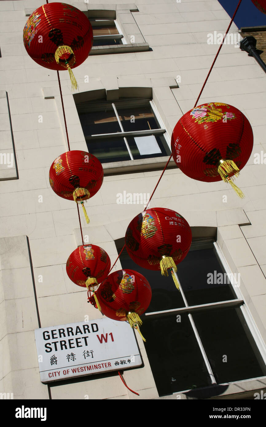 Traditional red Chinese lanterns decorating Gerrard Street for Chinese New Year. Stock Photo