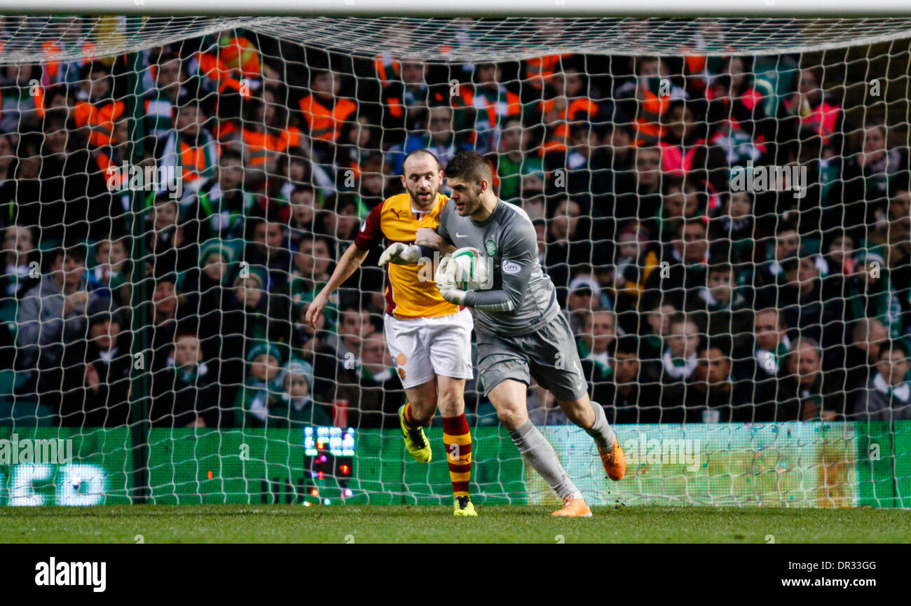 Glasgow, Scotland. 18th Jan, 2014. James McFadden grabs Fraser Forster after the Celtic goalkeeper collects the ball during the Scottish Premier League game between Celtic and Motherwell from Celtic Park. Credit:  Action Plus Sports/Alamy Live News Stock Photo