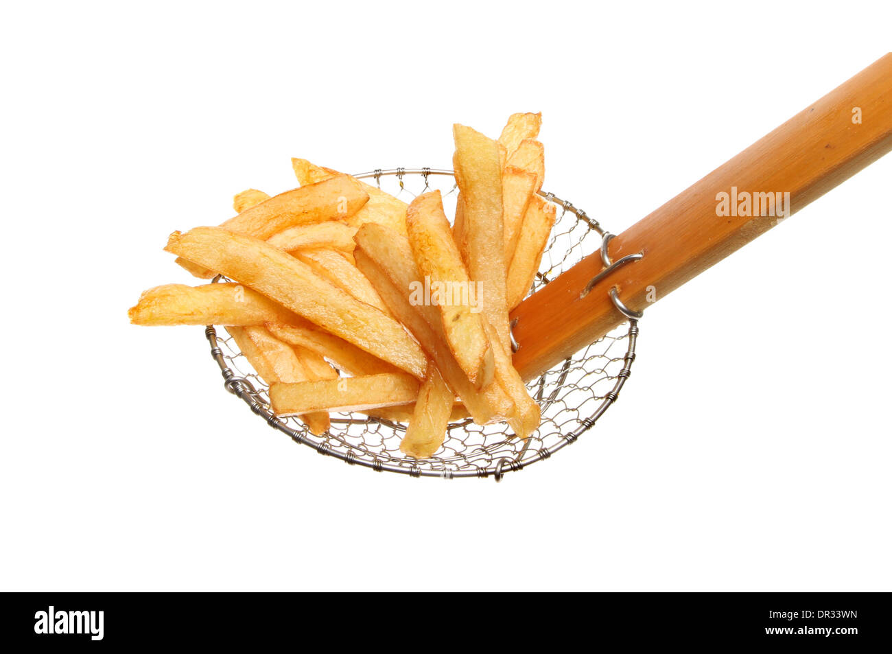 Fried potato chips in a sieve isolated against white Stock Photo