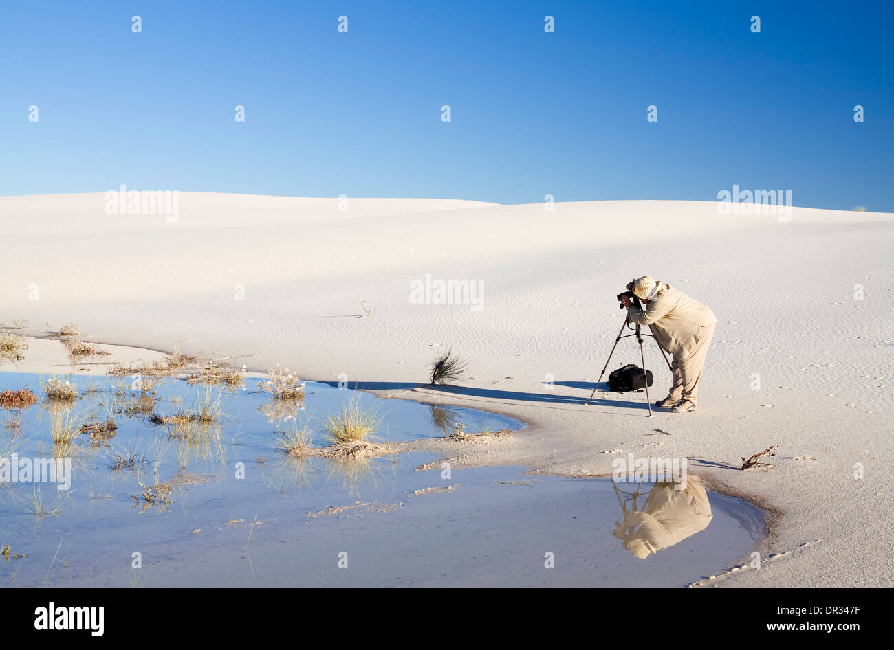 Photographer and sand dune, White Sands National Park, Alamogordo, New Mexico USA Stock Photo