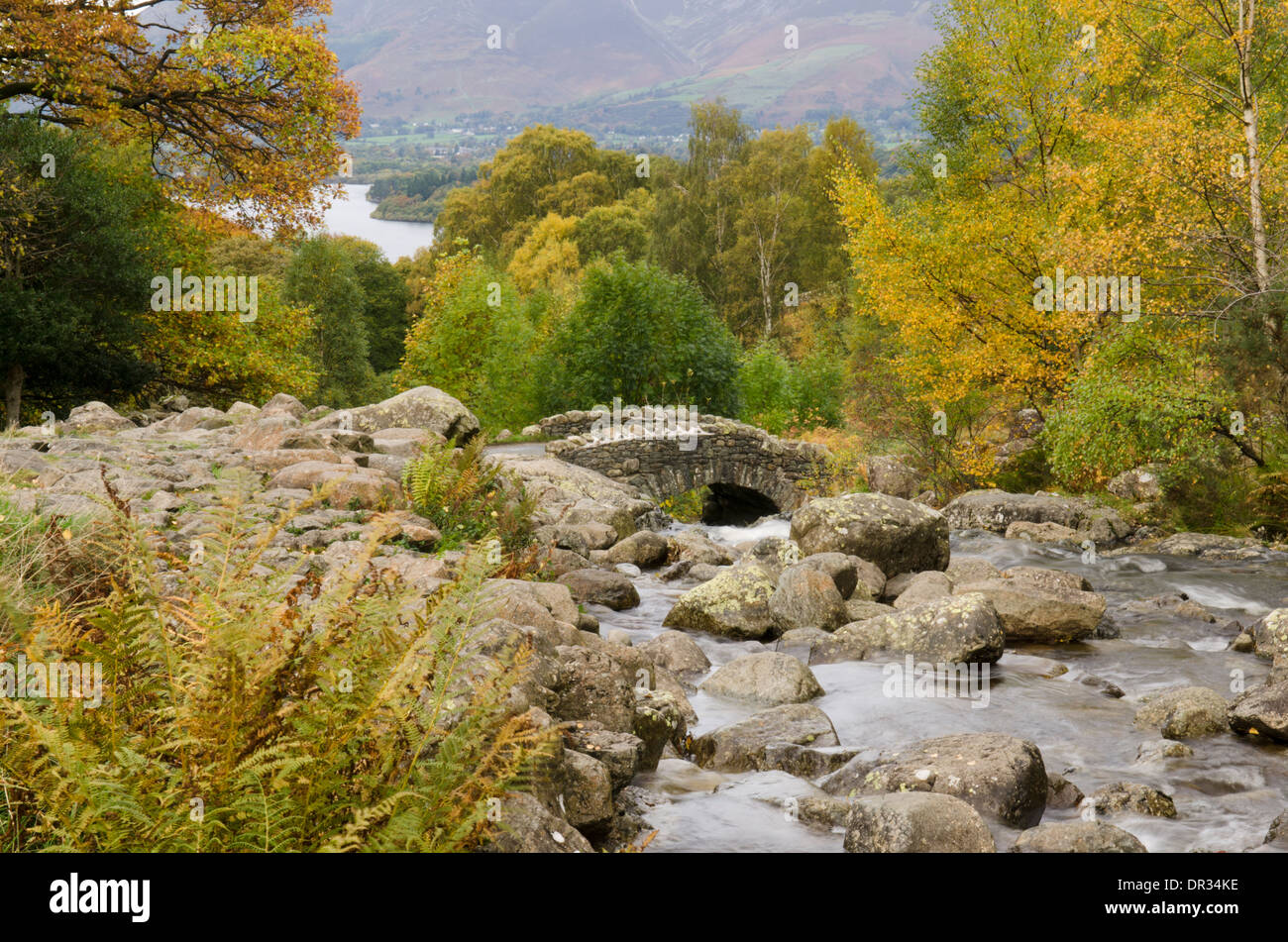 Ashness bridge above Derwent Water. Cumbria, The Lake District, UK. October. Stock Photo