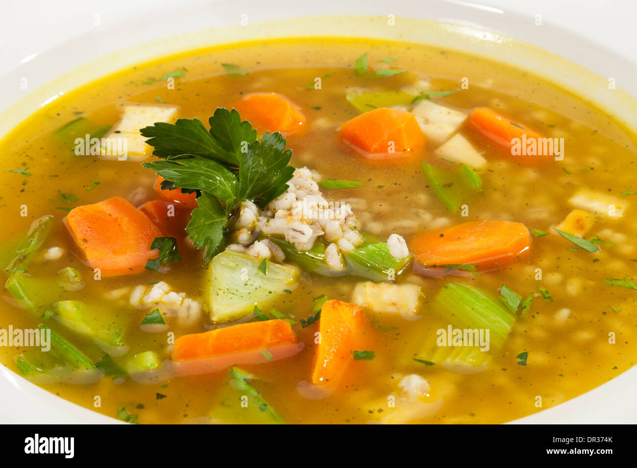 Vegetable soup w carrot, leek and celery stalks Stock Photo