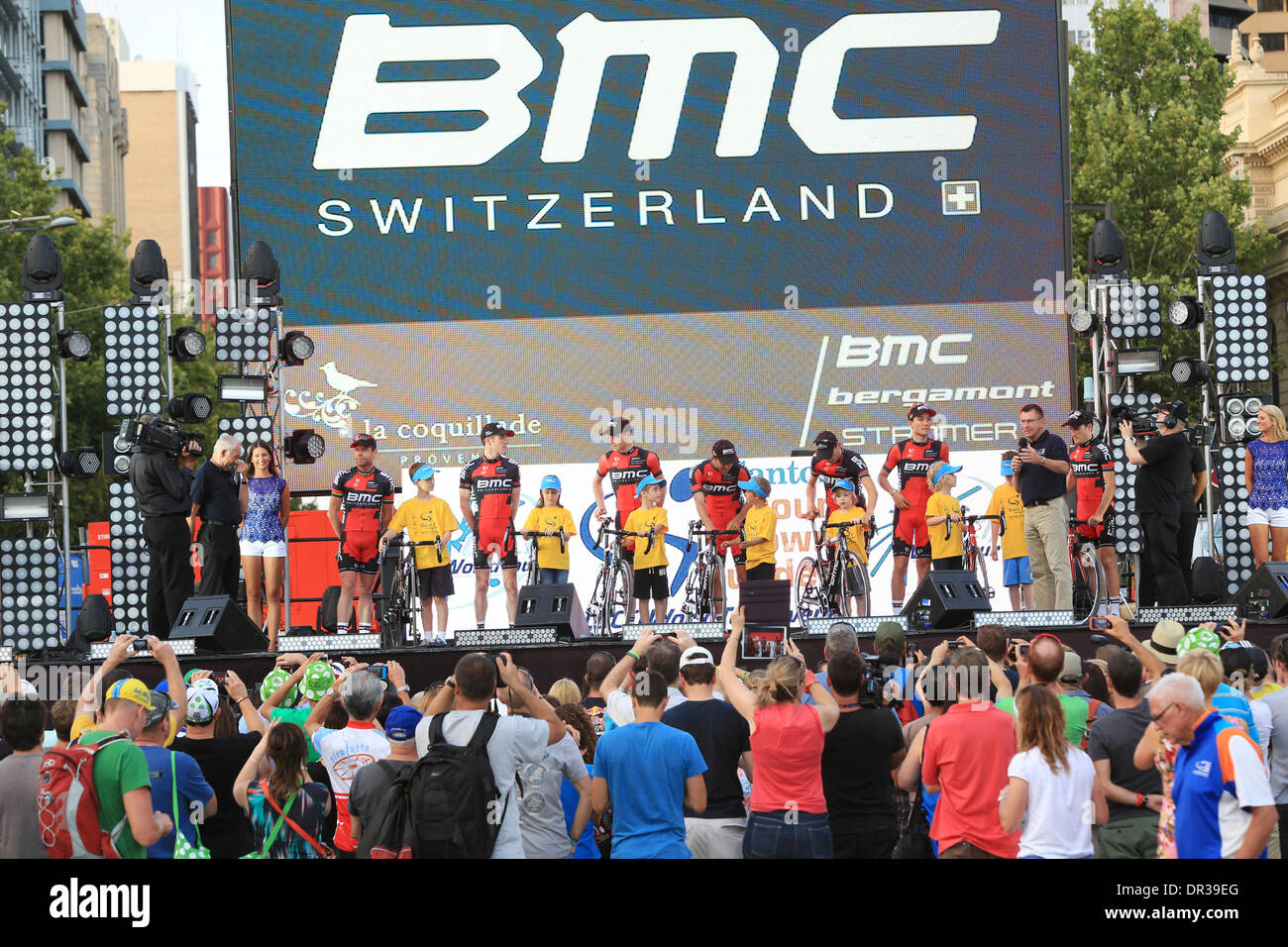 Adelaide, Australia. 18th Jan 2014. BMC RACING TEAM at the Team Presentations for the 2014 Santos Tour Down Under. Credit:  Boris Karpinski/Alamy Live News Stock Photo