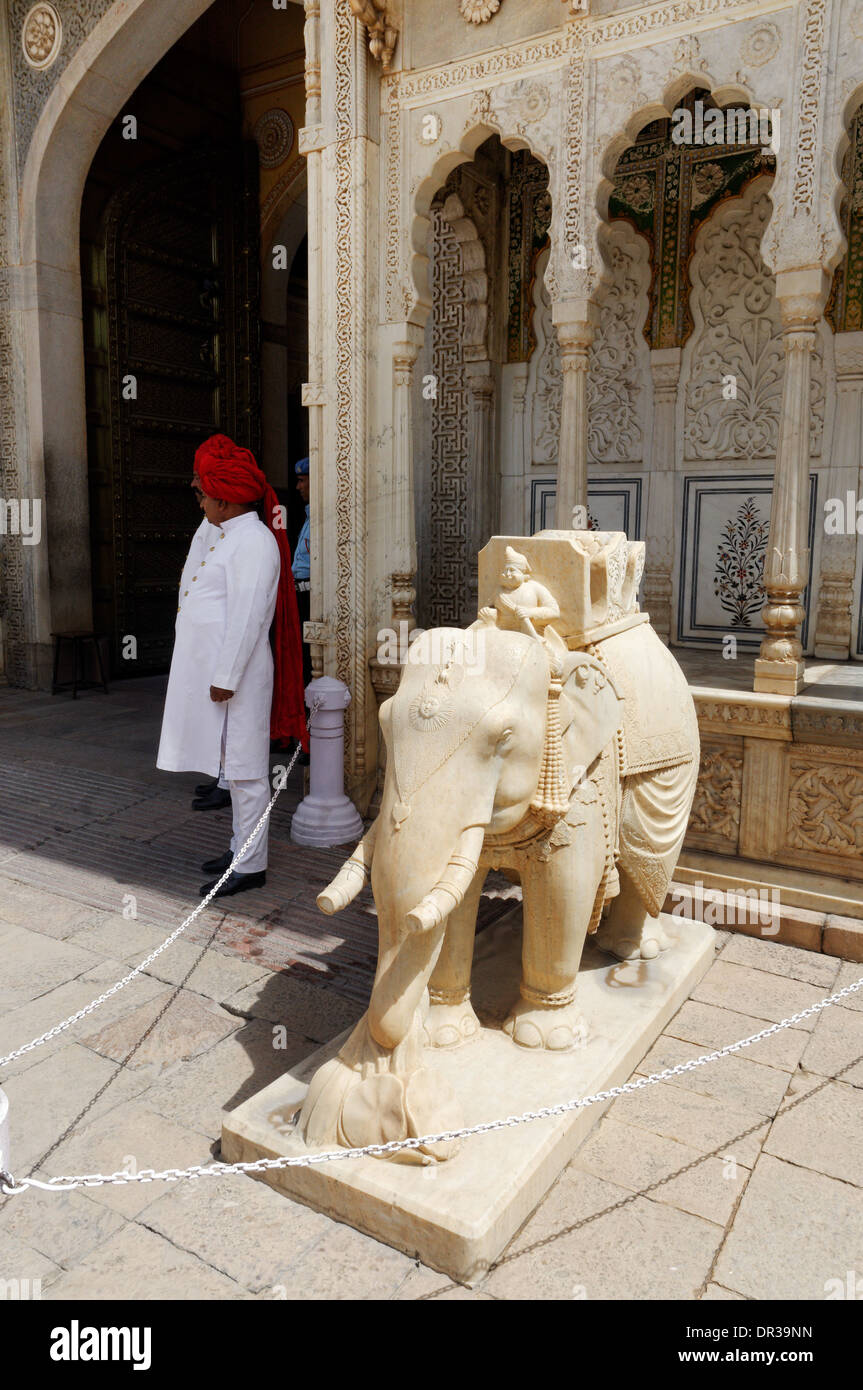 Carved marble elephant outside the entrance gate to Jaipur City Palace