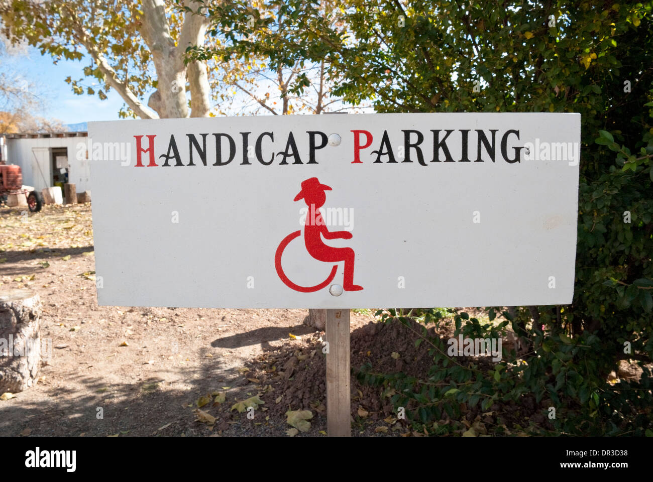 An unusual cowboy handicap parking sign at the Los Poblanos Farm in Los Ranchos de Albuquerque. Stock Photo