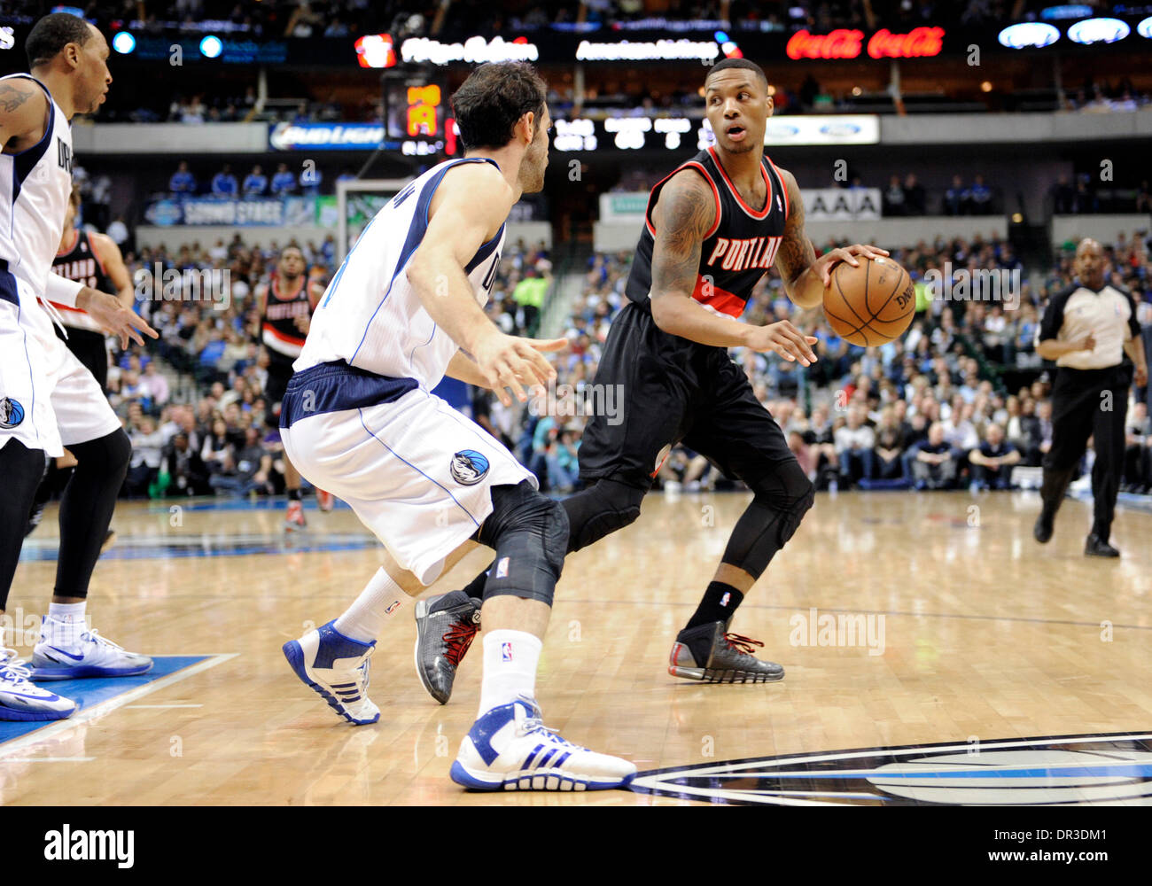 Jan 18, 2014: Portland Trail Blazers point guard Damian Lillard #0 during an NBA game between the Portland Trail Blazers and the Dallas Mavericks at the American Airlines Center in Dallas, TX Portland defeated Dallas 127-111 Stock Photo