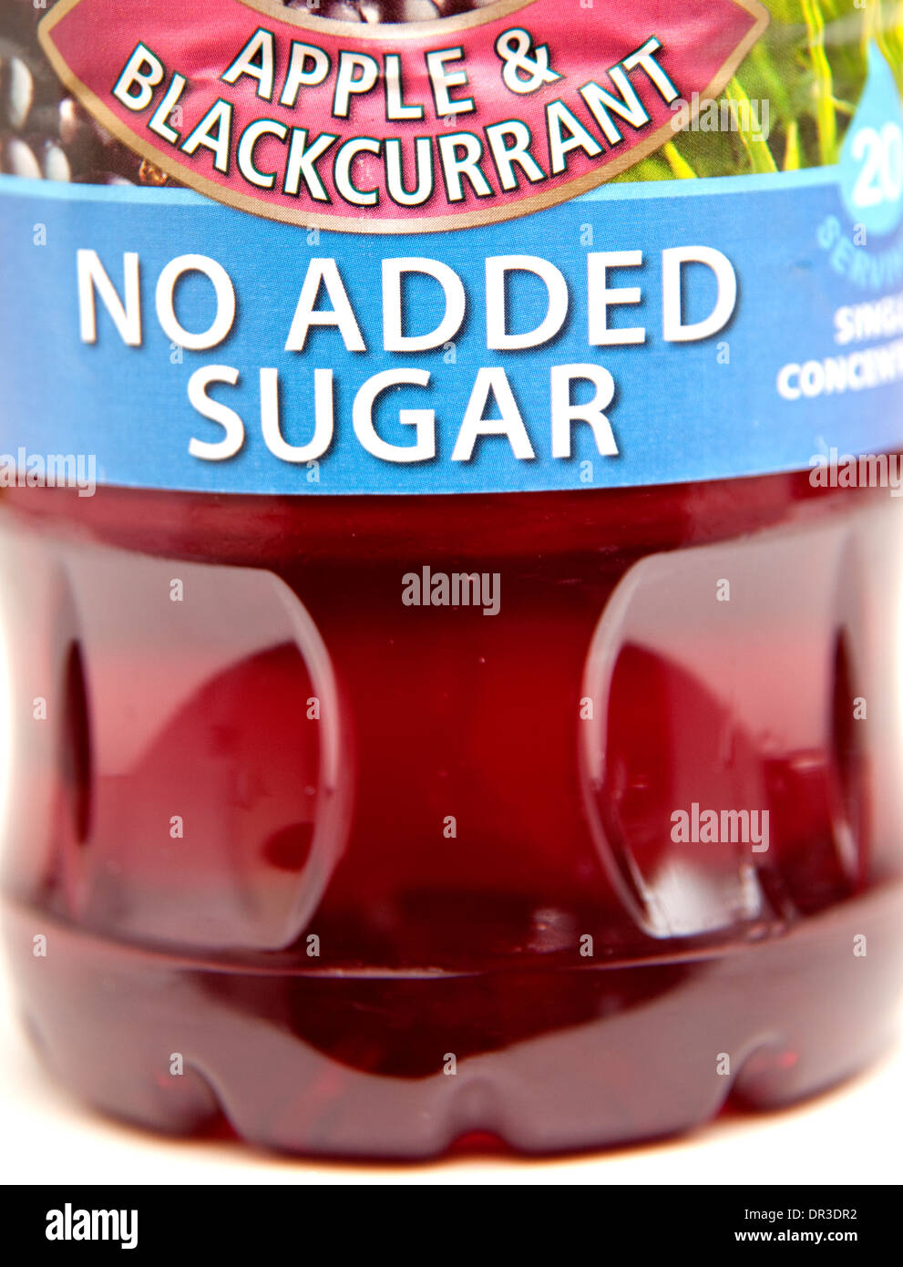 Label on no added sugar fruit squash drink, London Stock Photo