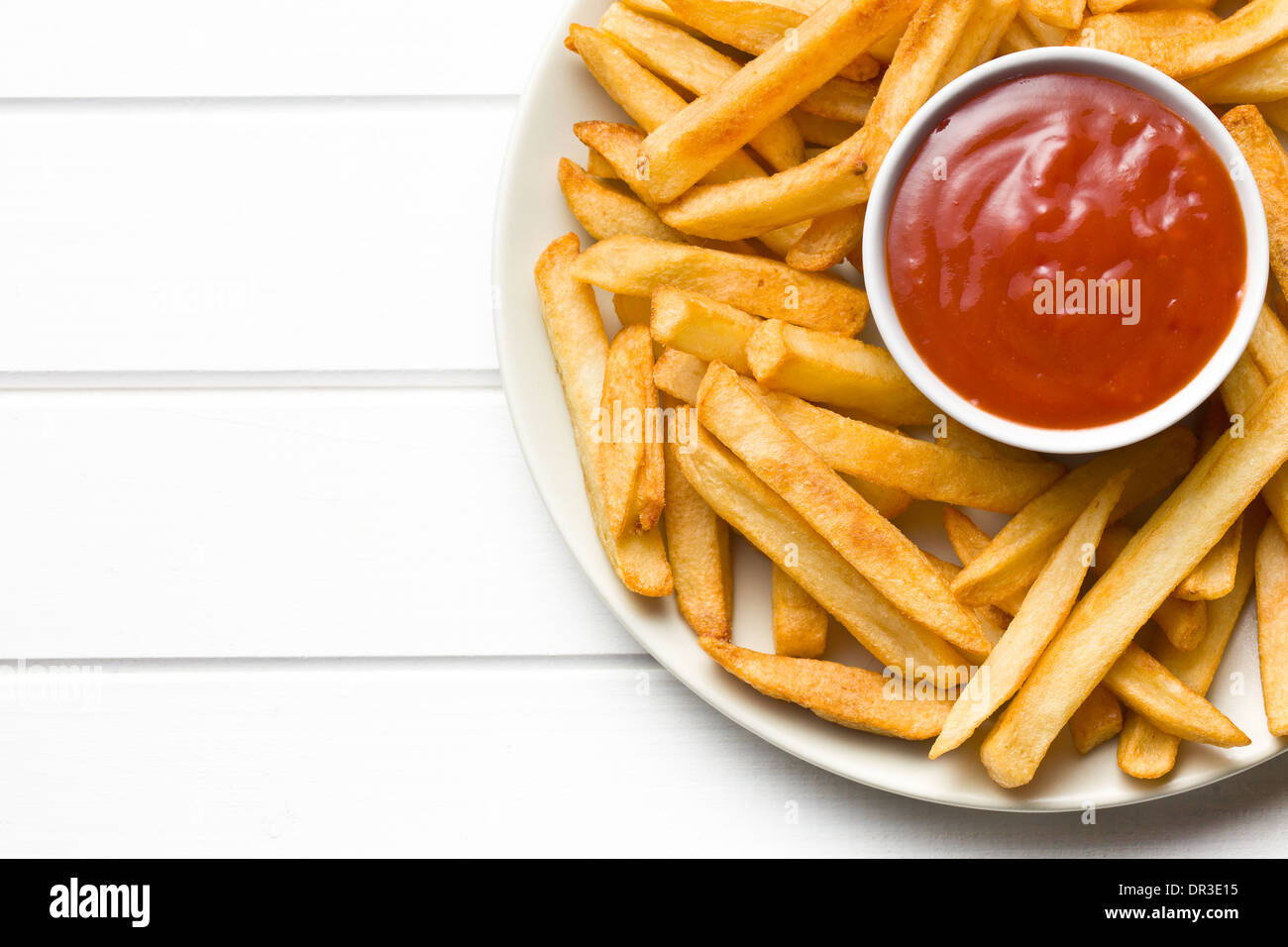 top view of french fries with ketchup on plate Stock Photo
