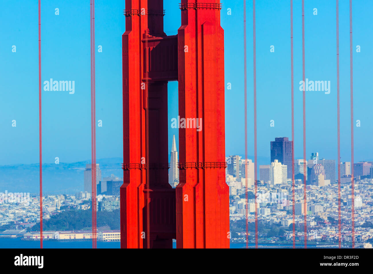 San Francisco Golden Gate Bridge view through cables in California USA