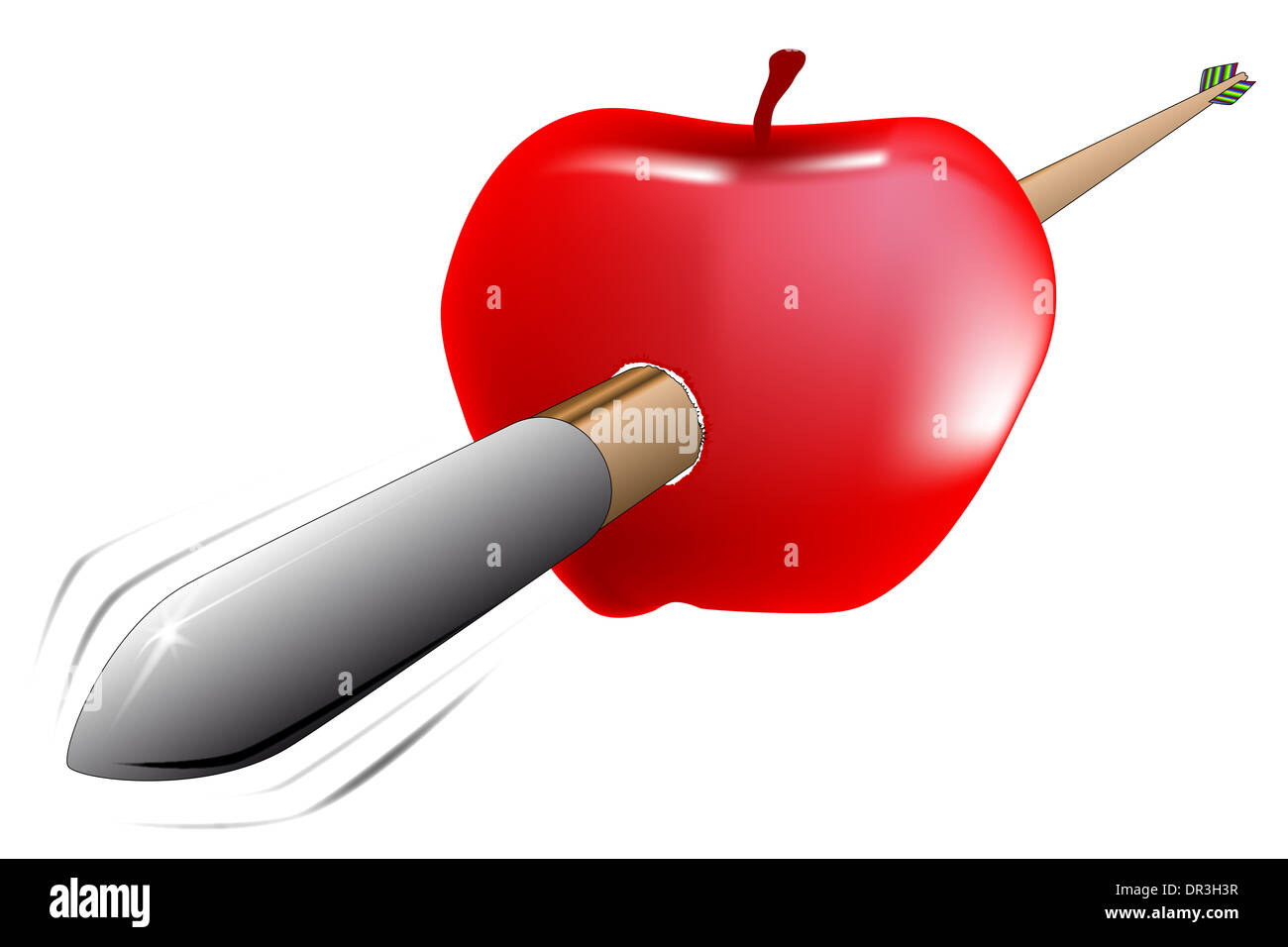 A arrow in flight shot through a red apple as per 'William Tell'. Stock Photo