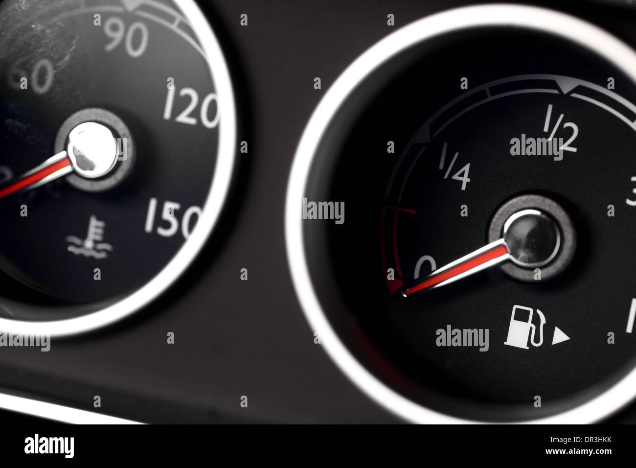Coolant temperature and fuel level gauges on a car's dashboard Stock Photo
