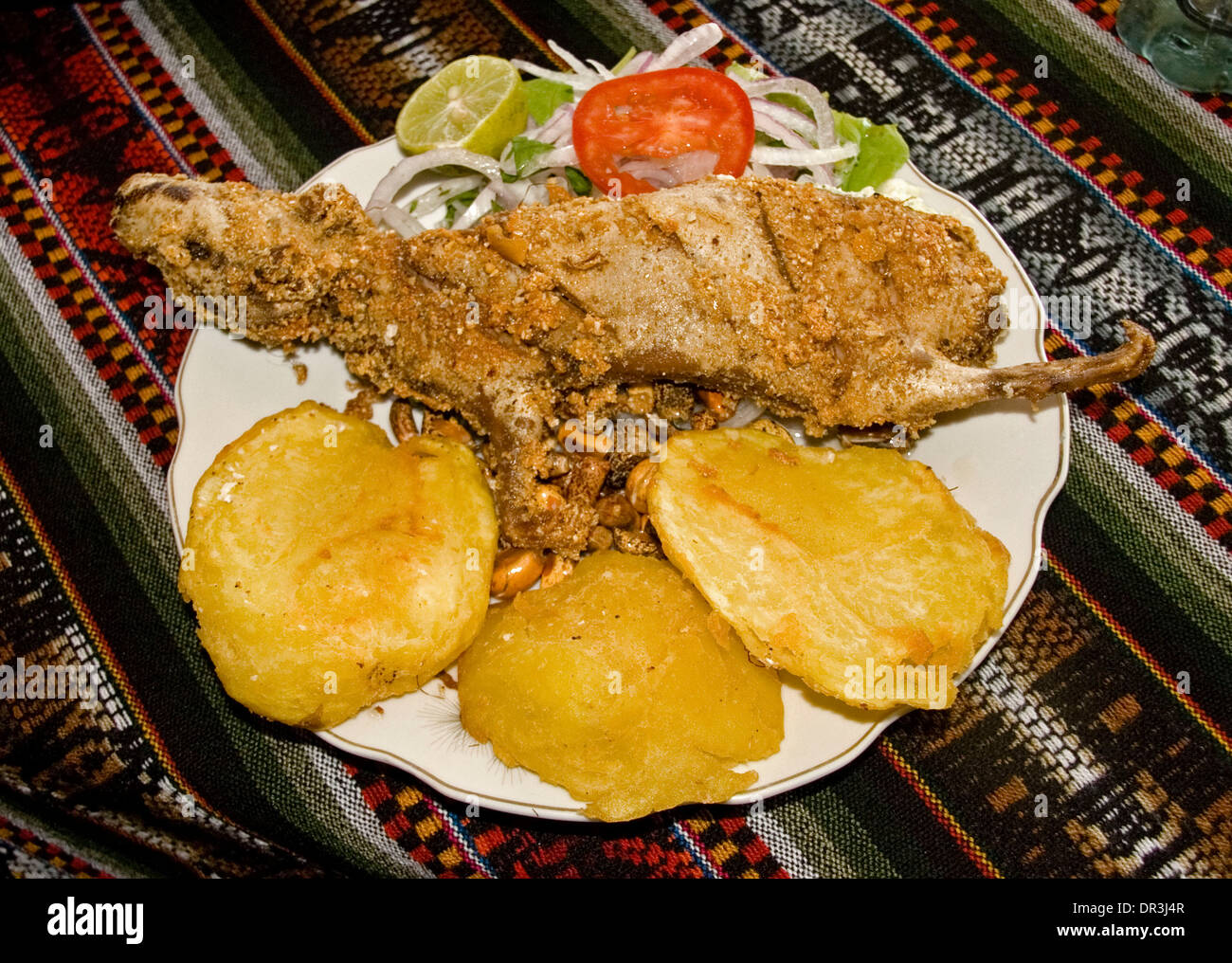 Traditional Peruvian meal of roast guinea pig with potatoes, beans and fresh salad served in restaurant in city of Ayacucho Peru Stock Photo