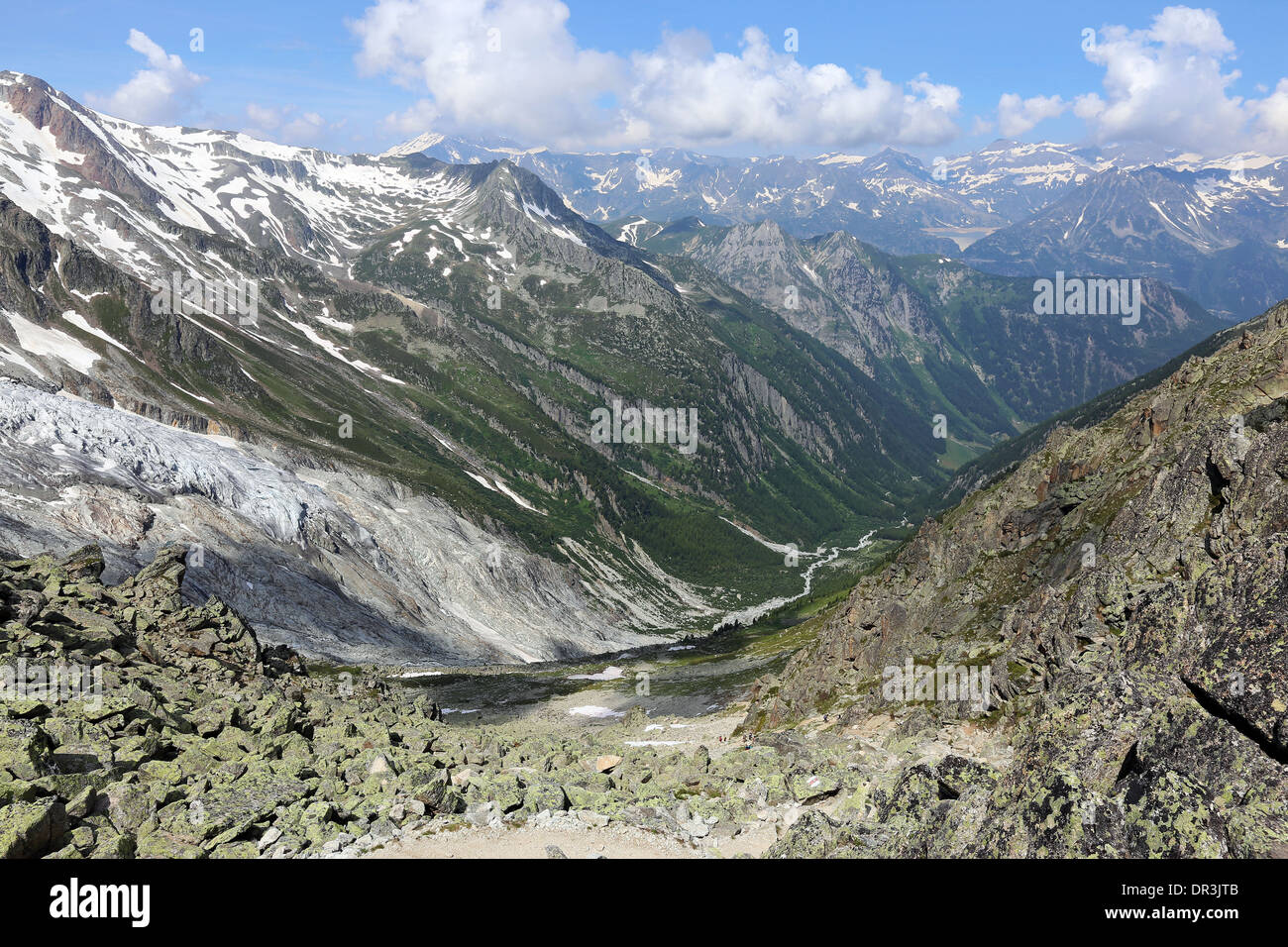 The Trient Glacier and valley. Sheepbacks rocks. The Mont Blanc mountain Massif. Alpine landscape of Swiss Alps. Stock Photo