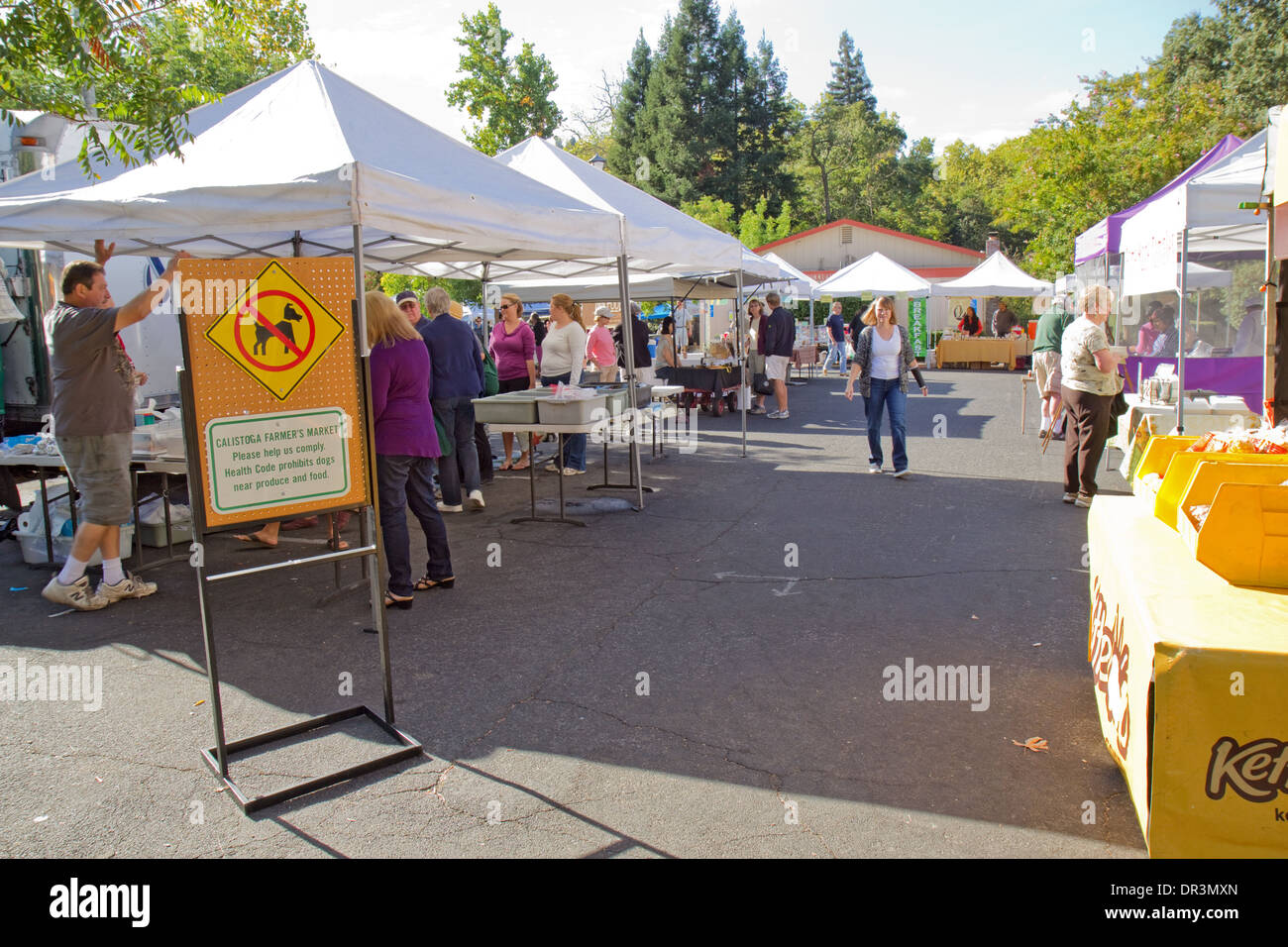 Buyers and vendors at the farmers market in Calistoga, California at