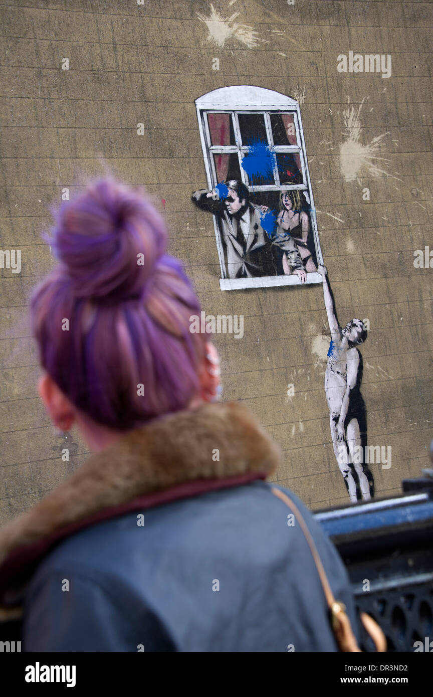 'The Hanging Man' grafitti by Banksy in Park Street, Bristol, UK Stock Photo