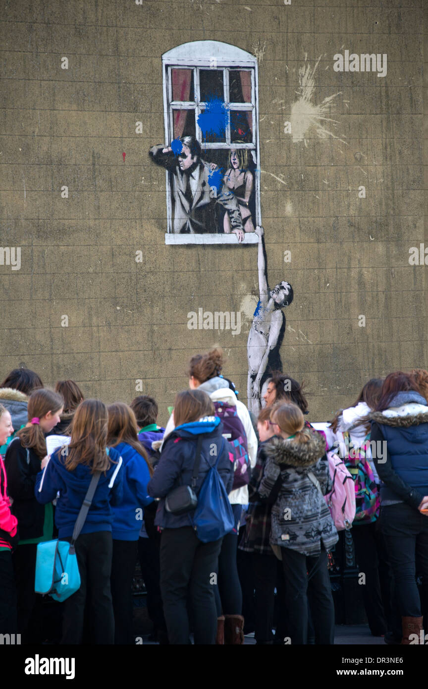 'The Hanging Man' grafitti by Banksy in Park Street, Bristol, UK Stock Photo