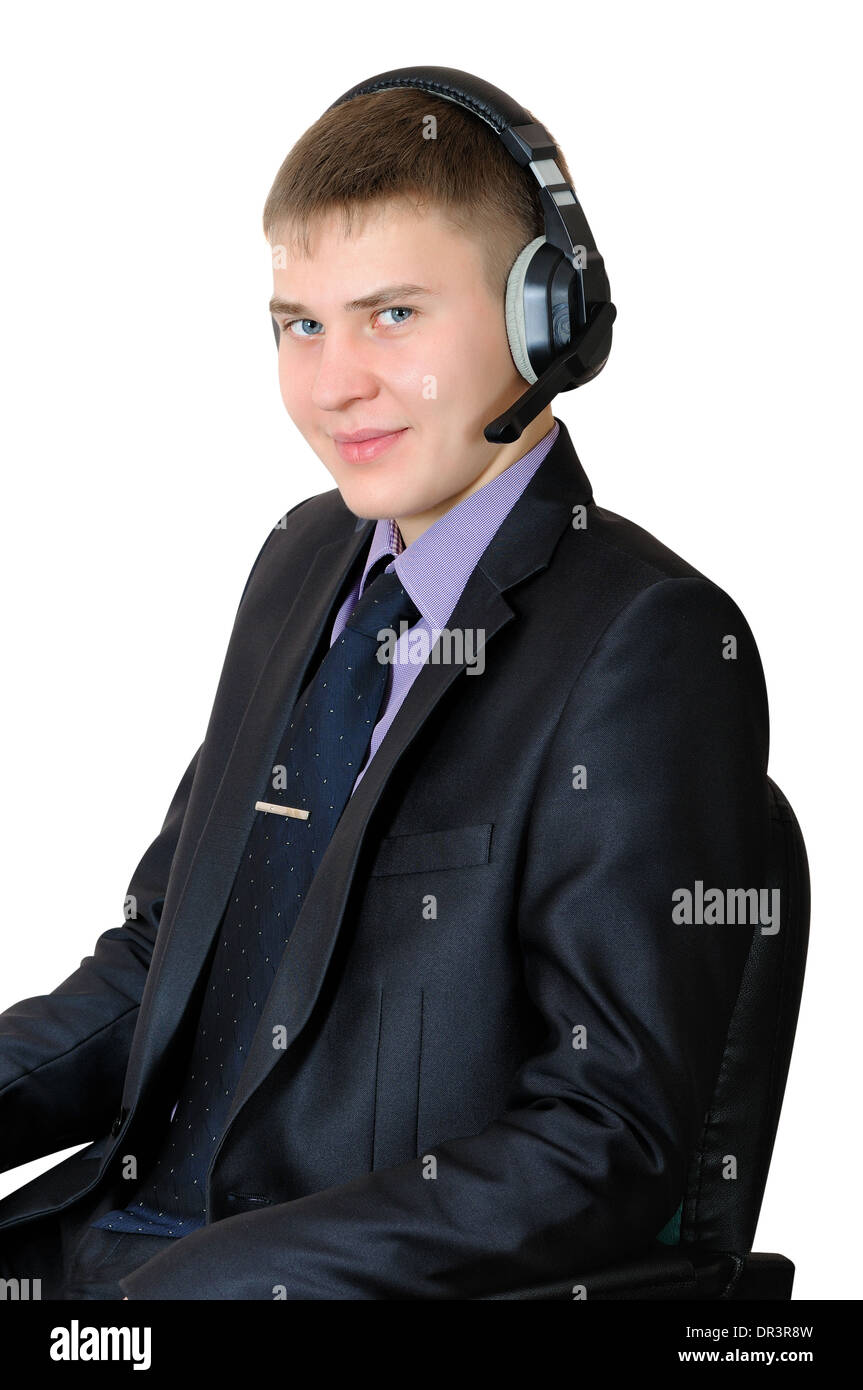 Young man - callas center operator. Portrait on white background Stock Photo