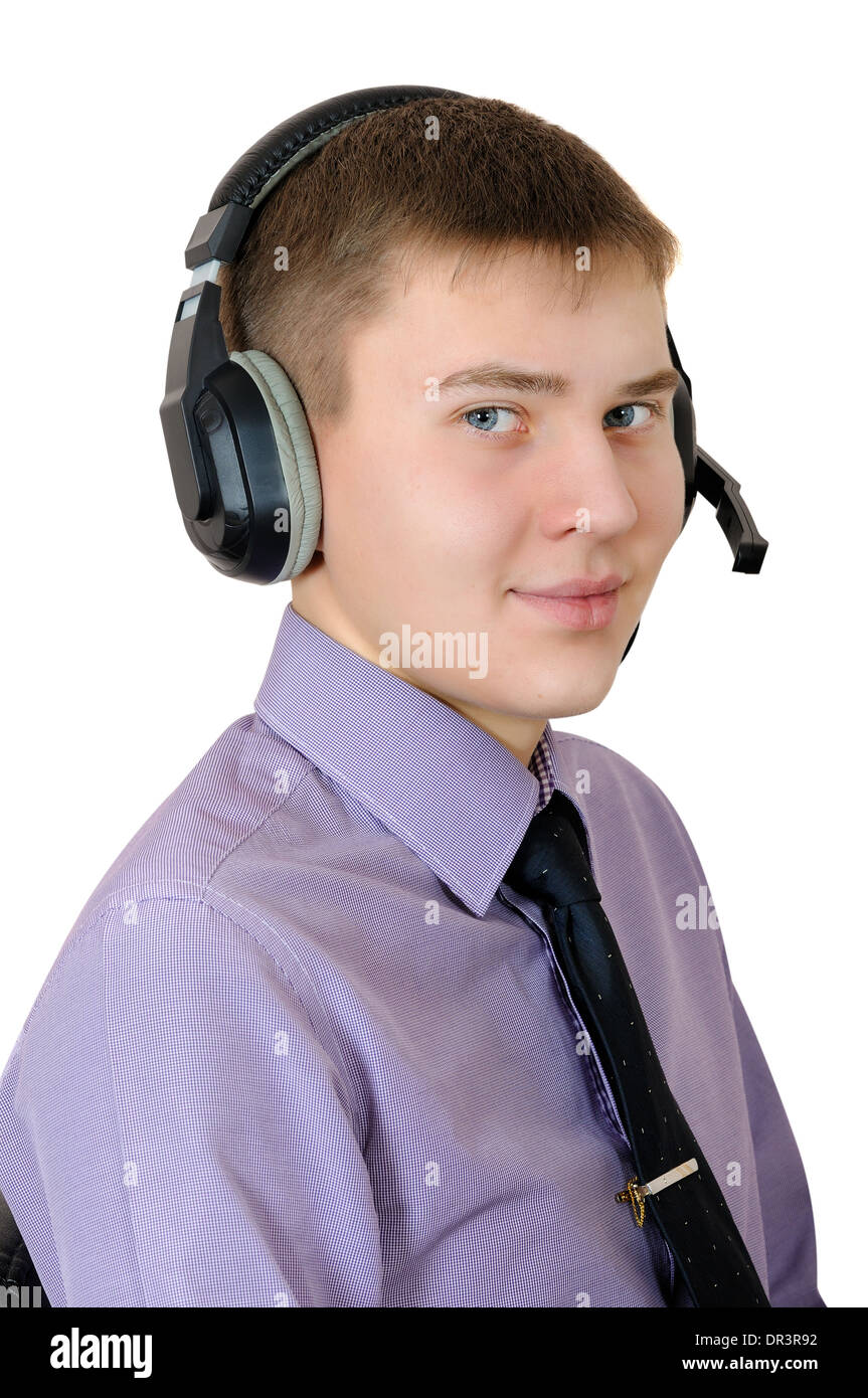 Young man - callas center operator. Portrait on white background Stock Photo