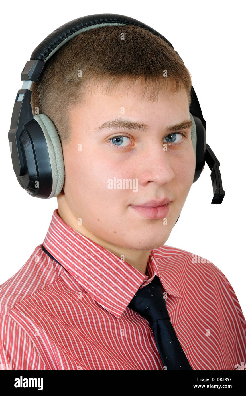 Young man - callas center operator. Portrait on white background Stock Photo