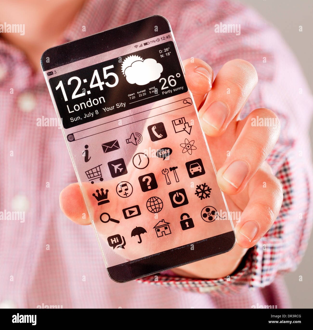 Smart phone and tablet with transparent screen in human hands Stock