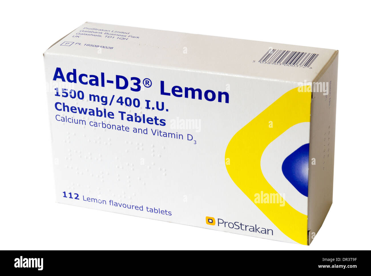 A box of lemon flavored 1500mg calcium carbonate and vitamin D tablets Stock Photo