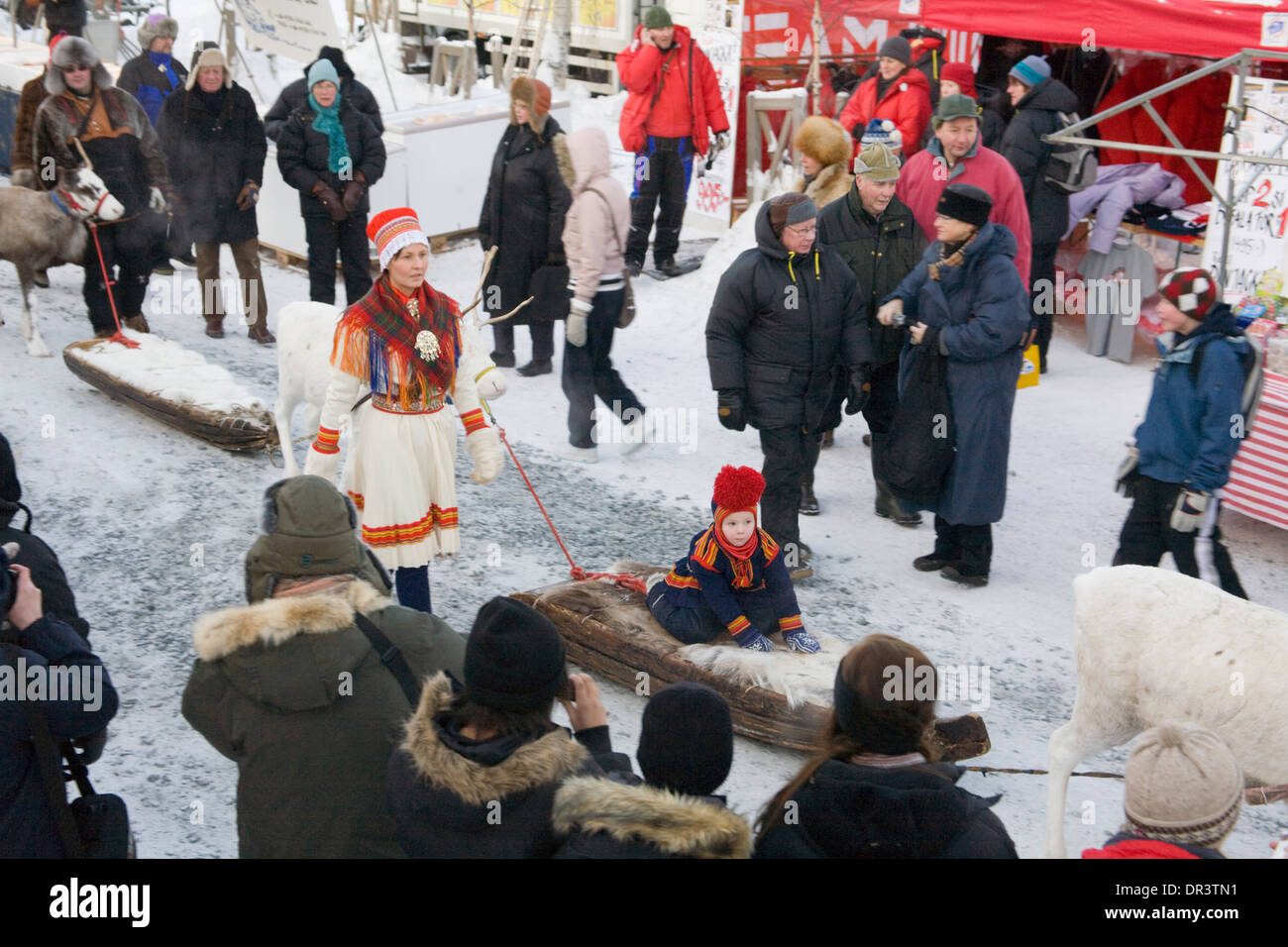 Reindeer caravan Jokkmokk fair Laponia Sweden Winter Stock Photo