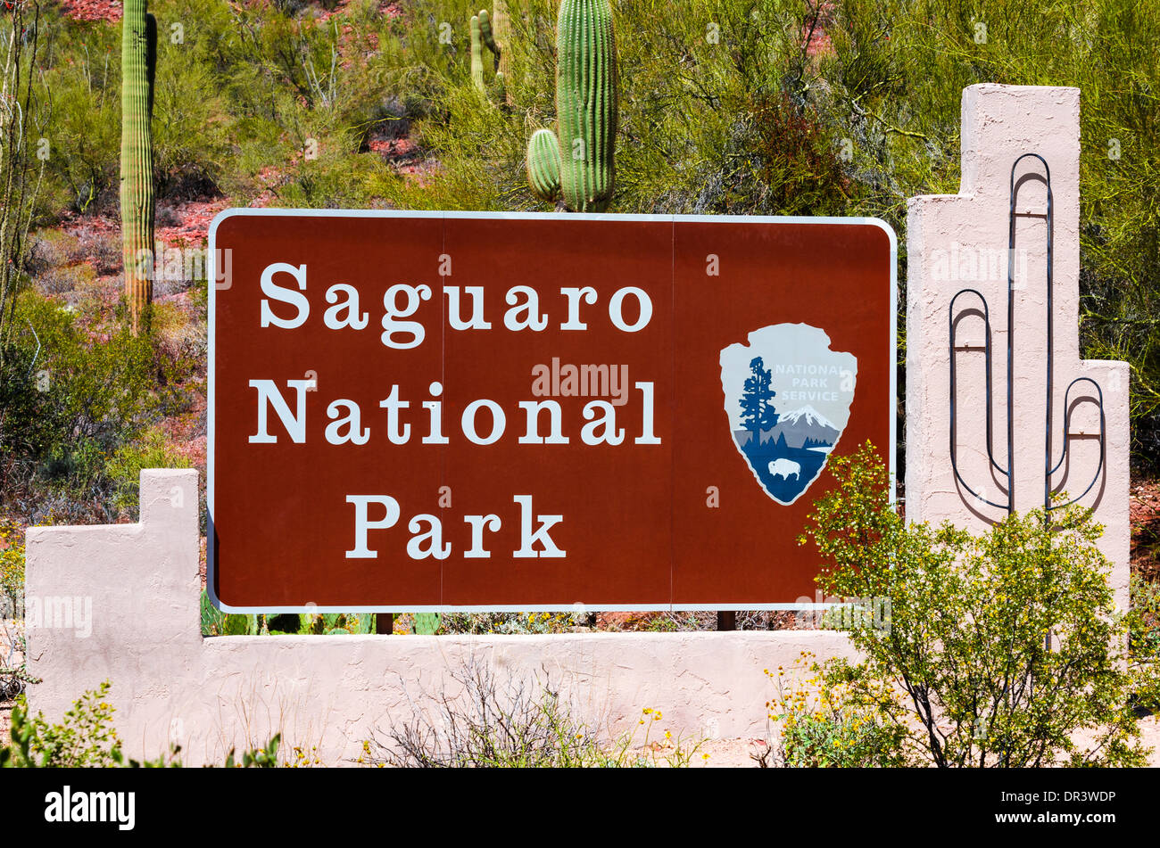 Entrance sign, Saguaro National Park (Tucson Mountain District), Arizona USA Stock Photo