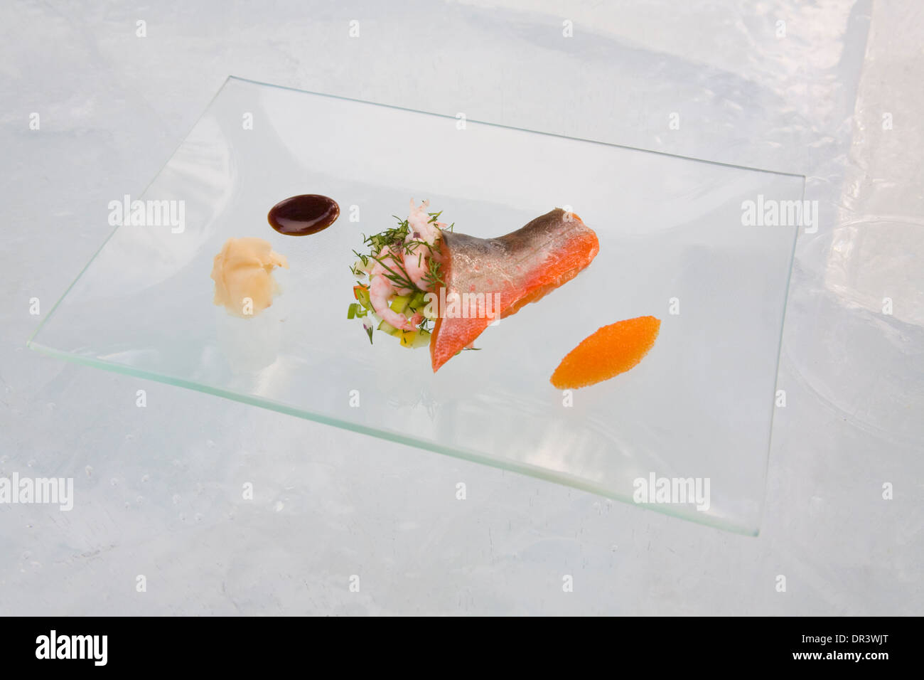 First course Seafood Fish dish of Arctic char Shrimps Roe Jokkmokk fair