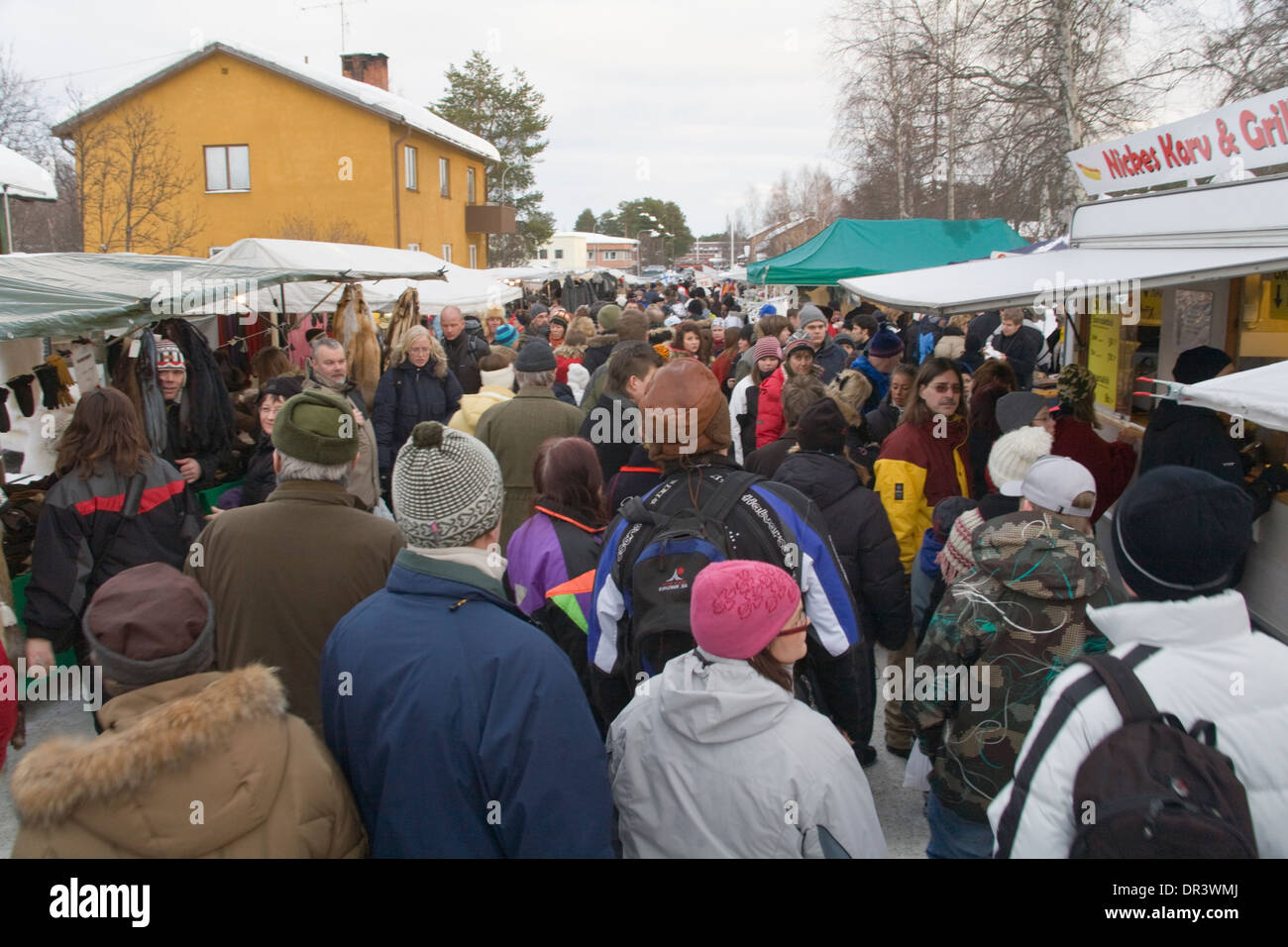 Street with Market booth Jokkmokk fair Laponia Sweden Winter Stock Photo
