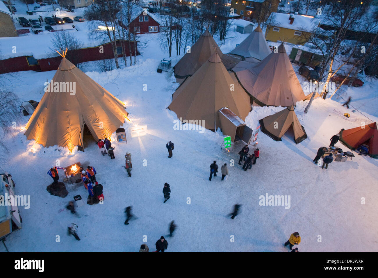 Cot-tent from above Jokkmokk fair Laponia Sweden Winter Stock Photo