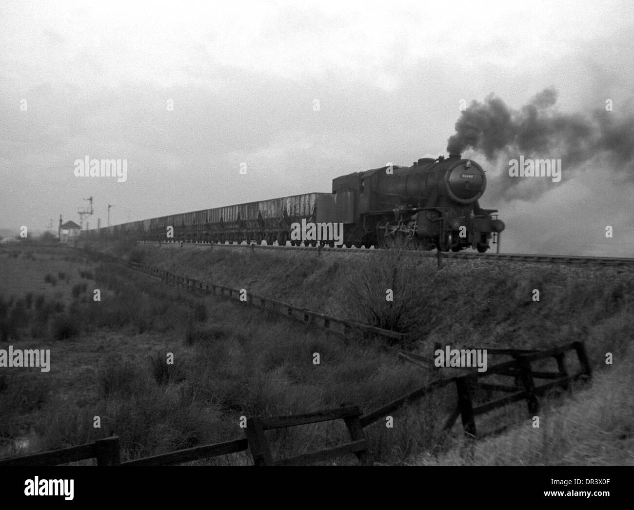 British Railways steam locomotive WD 2-8-0 90348 approaches Tile Shed crossing, Boldon north east England 1967 Stock Photo