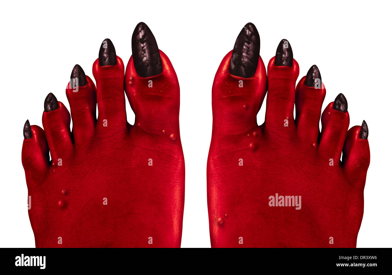 Devil feet and red zombie feet as a creepy Halloween or scary symbol with textured wart infested wrinkled skin monster foot toes isolated on a white background as a spooky design element. Stock Photo