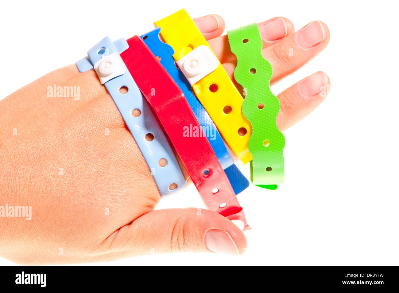 bracelets few hotels on a female hand Stock Photo