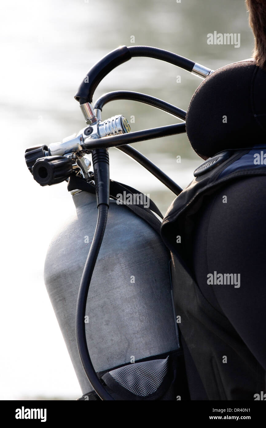 Scuba diver oxygen tank before doing a rescue dive Stock Photo Alamy