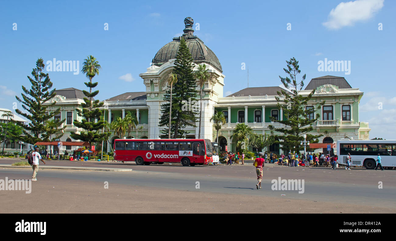 MAPUTO, MOZAMBIQUE - APRIL 29: Main railway statiion and bus terminal of Maputo, Mozambique on April 29, 2012. The station is central transport hub for the country and historical landmark of colonial period Stock Photo