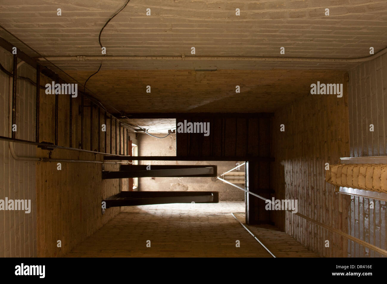 View up a historical 1929 Fire Station tower hose drip dryer where wet