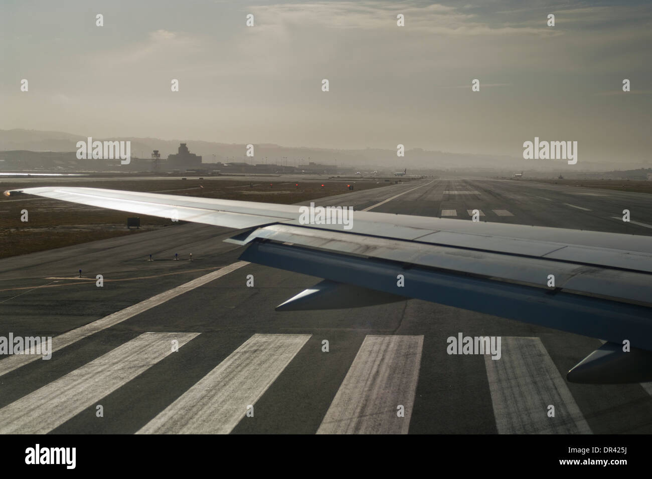 Turning onto the runway for takeoff from San Francisco International Airport (SFO), California Stock Photo