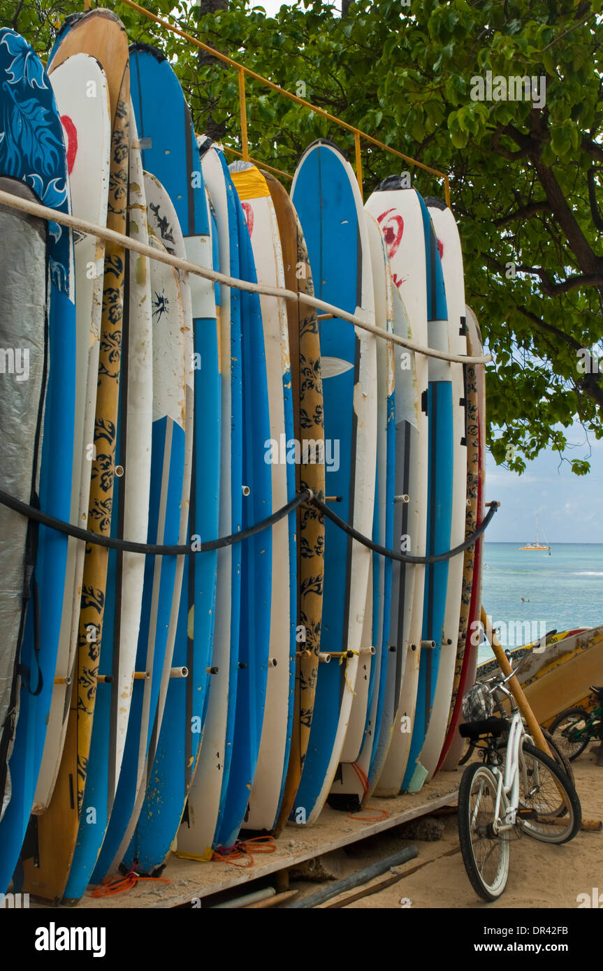 Surfboards at Kuhio Beach Park, Waikiki Beach, Honolulu, Oahu, Hawaii Stock Photo