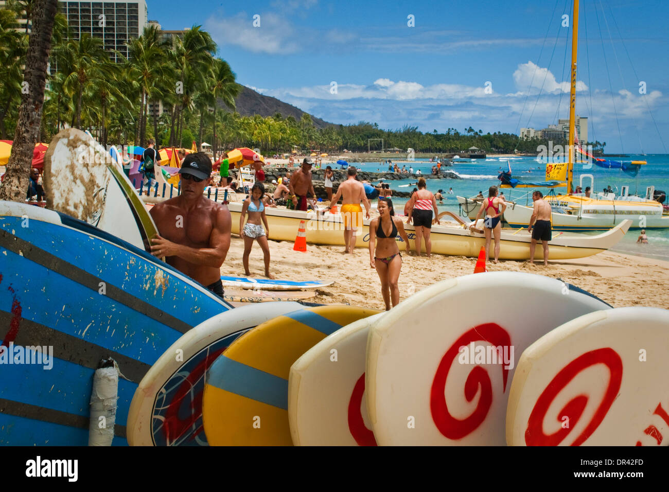 Surfboards at Kuhio Beach Park, Waikiki Beach, Honolulu, Oahu, Hawaii