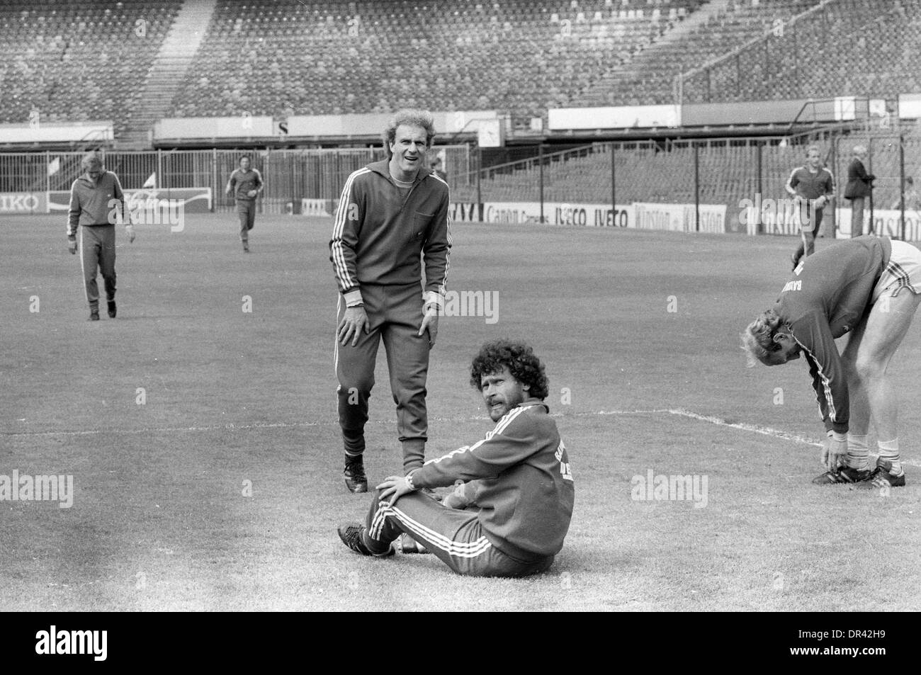 Karl-Heinz Rummenigge and Paul Breitner footballer preparing for European Cup Final 1982 Stock Photo