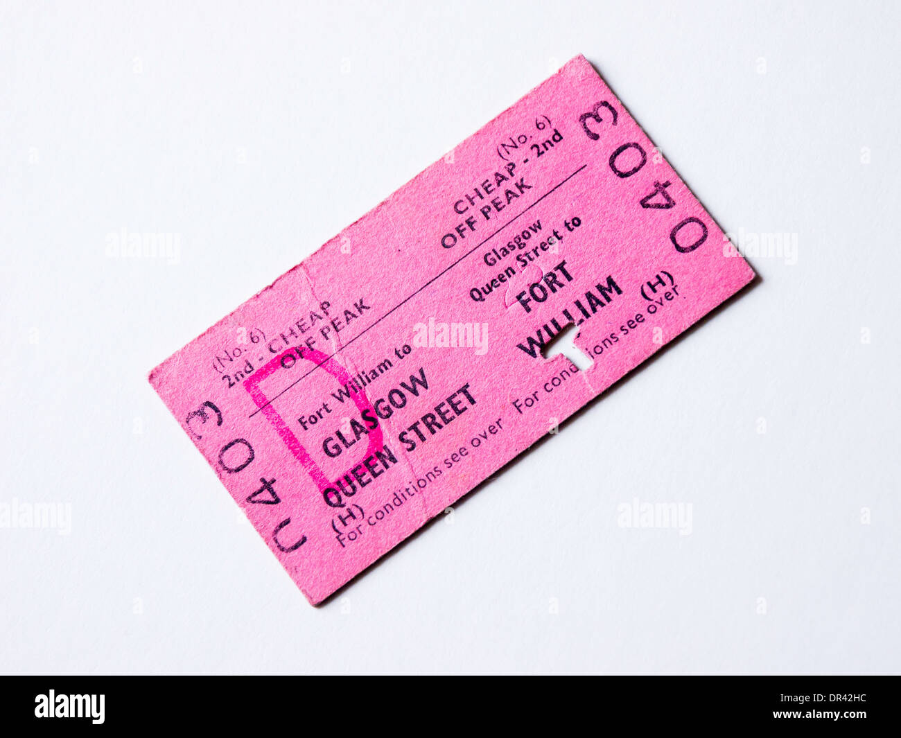 A used second class cheap off-peak return Rail ticket between Glasgow Queen Street and Fort William from the early 1970's Stock Photo