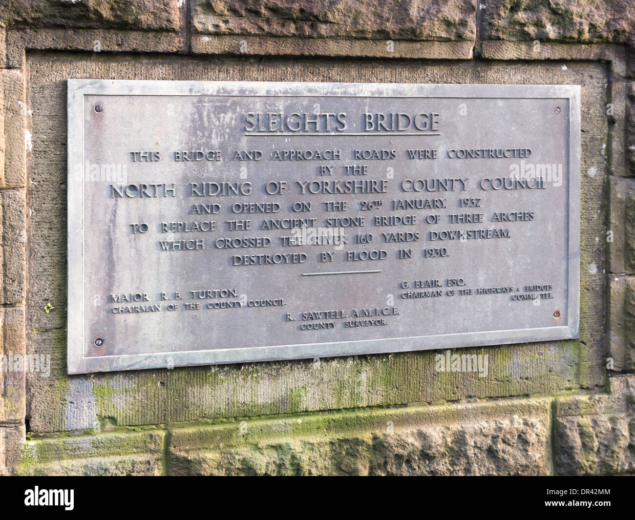 Commemorative plaque on Sleights Bridge built 1937 to carry the A169 Whitby to Pickering road over the railway and river Esk Stock Photo