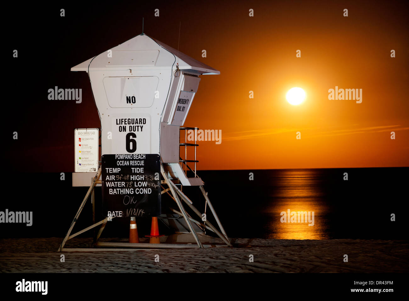 Lifeguard Tower in the Moonrise - Pompano Beach, Florida USA Stock Photo