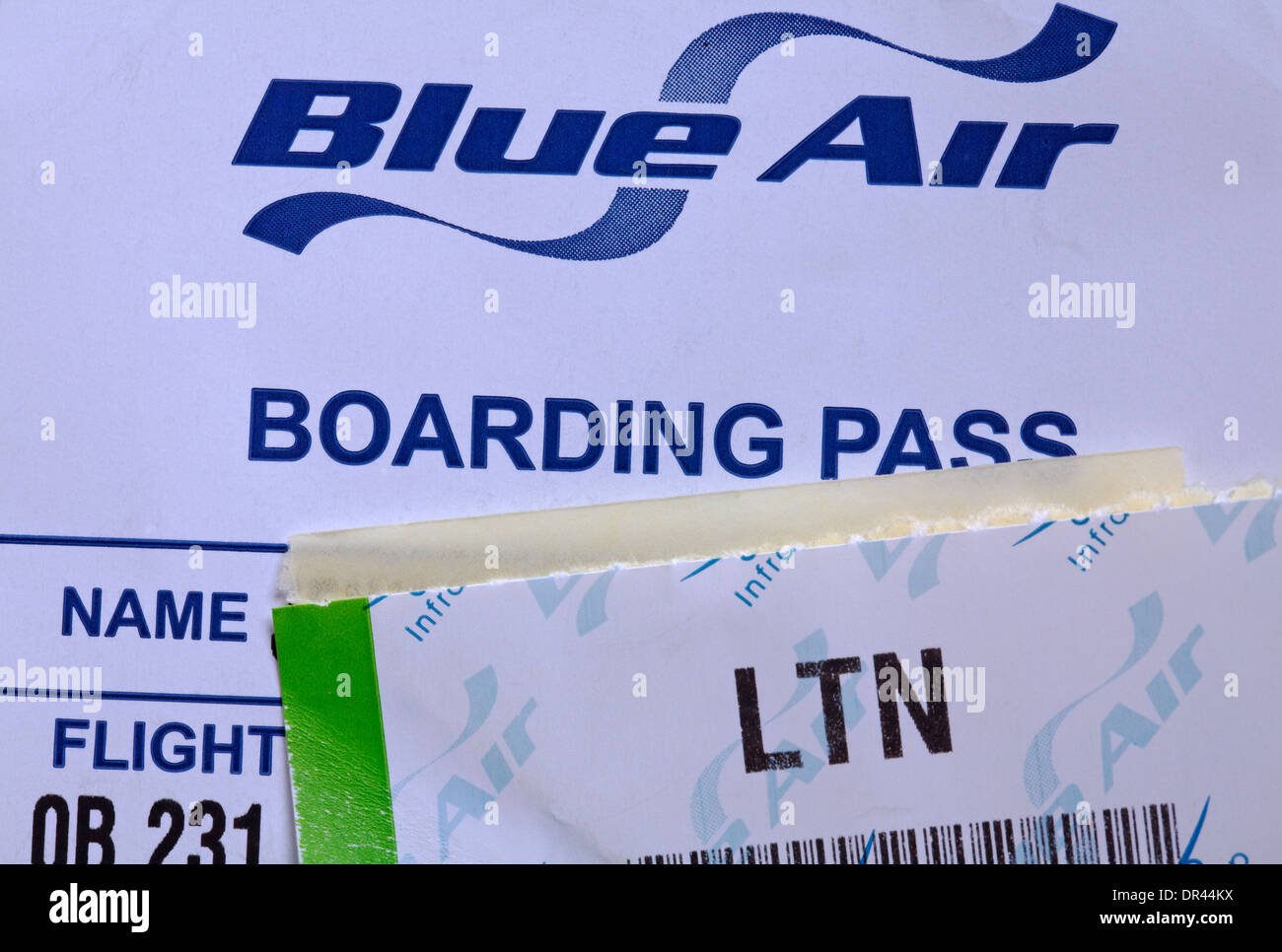 Blue Air boarding pass for flight from Luton LTN airport Stock Photo